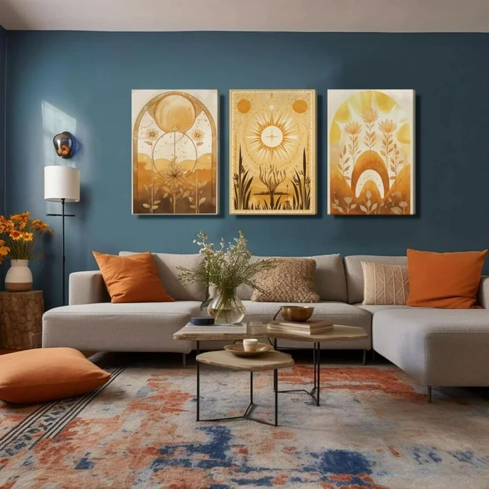 3Pcs Orange Boho Canvas Wall Art Yellow Orange Sun Wall Decor - Picture 3 of 3